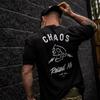 Vintage Worn Texture White Skull Lightning Graphic T Shirt Double Chest Back Mini Skeleton Emblem Chaos Letter Retro