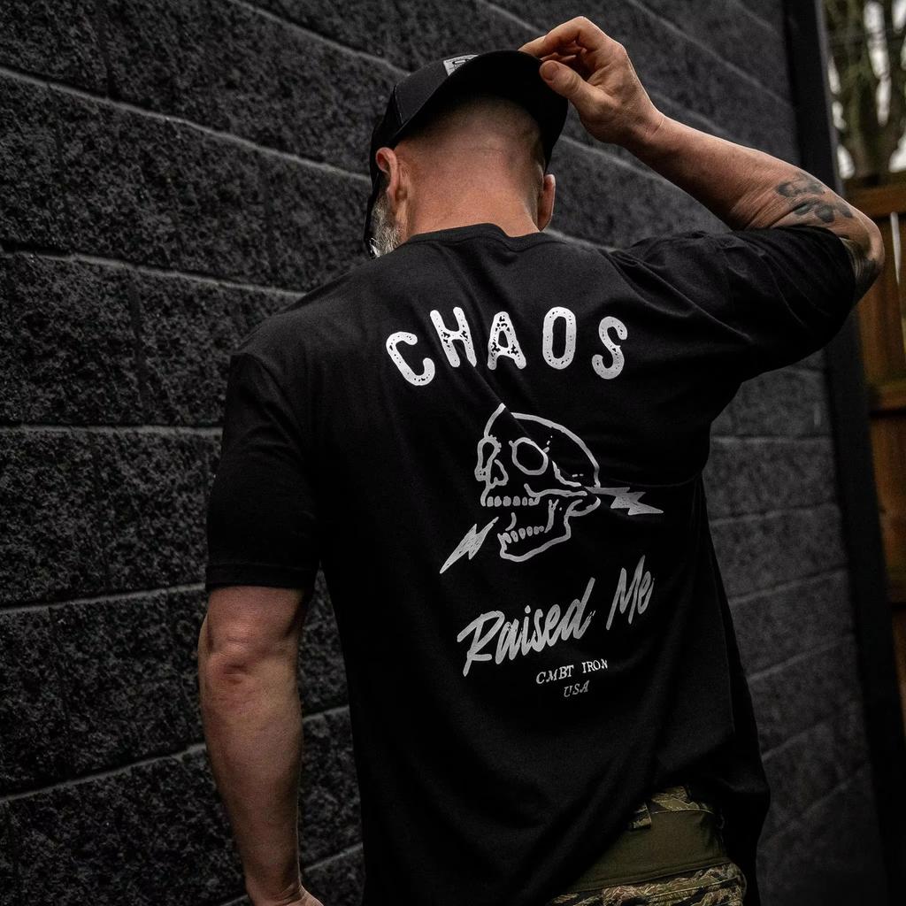 Vintage Worn Texture White Skull Lightning Graphic T Shirt Double Chest Back Mini Skeleton Emblem Chaos Letter Retro