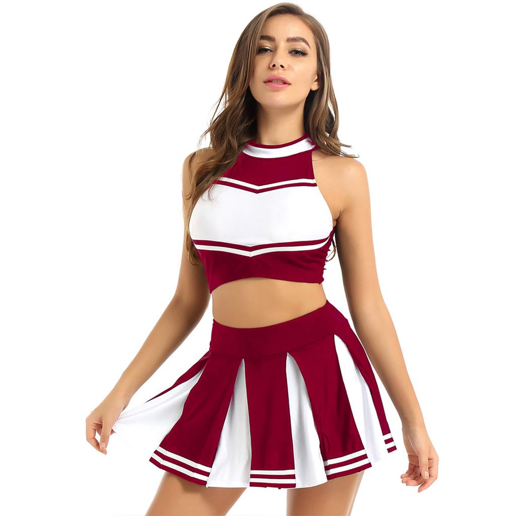 Women Cheer Leader Costume Uniform Cheerleading Adult Cosplay Outfit Crop Top with Pleated Mini Skirt