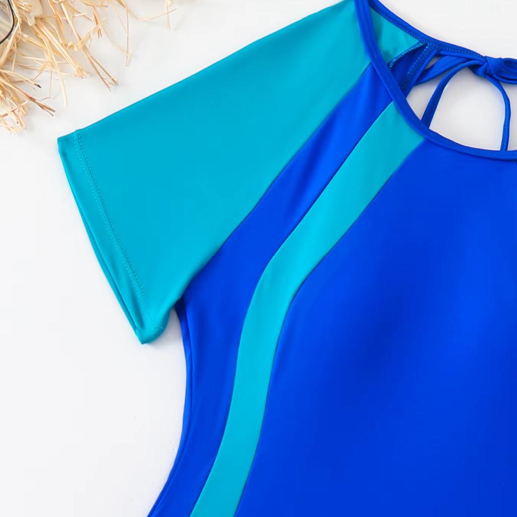 Лоскутный спортивный купальник женский вырезанный с открытой спиной цельный купальник женский короткий рукав купальный костюм пляжная одежда монокини