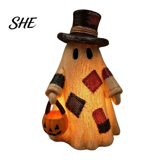 Seasonal Farmhouse Style Crafts Lighted Patchwork Ghost Resin Figurine with Pumpkin Lantern, Rustic Halloween Retro Statues Tabletop Lamp, Vintage