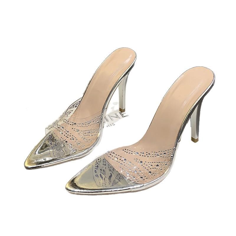 Летние женские шлепанцы на тонком каблуке со стразами, на высоком каблуке, под юбки, с острым носком, модные и не утомительные для повседневной носки