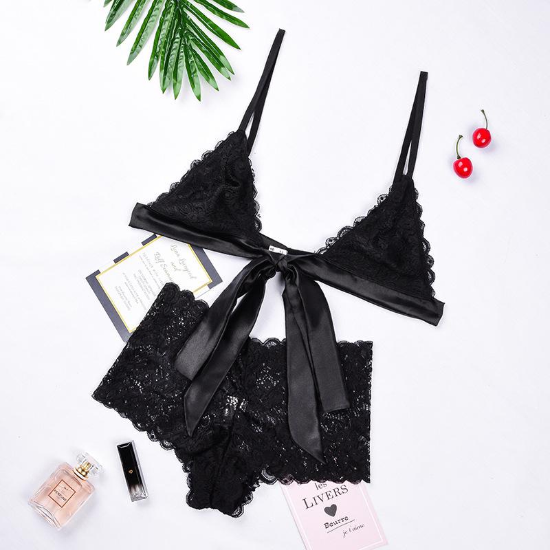 Женский кружевной комплект сексуального нижнего белья с регулируемым ремешком, бюстгальтер на шнурке, кружевные прозрачные трусики с рюшами на талии, комплект нижнего белья, дышащий мягкий удобный комплект нижнего белья