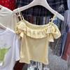 Женский летний топ на тонких бретельках с открытыми плечами, с оборками и бантом на талии, приталенный