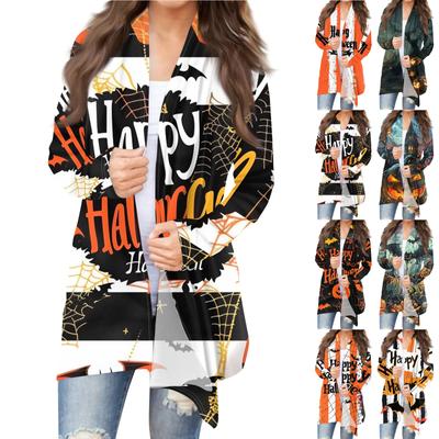 Женская модная повседневная куртка-кардиган средней длины с принтом на Хэллоуин и нерегулярным подолом
