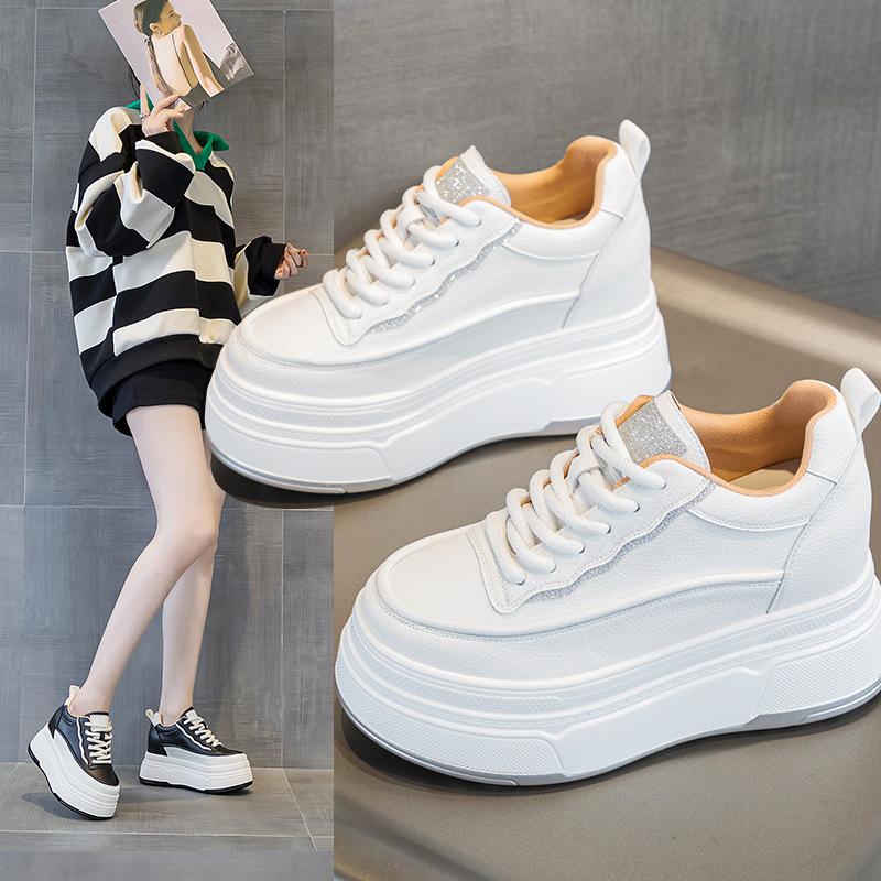 33 Small Size Lace-up Inner Height Increase Casual New Thick-soled Wedge Heel Leather Small Wedge Heel Shows High White Shoes Women