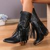 Wedge Chunky Heel Boots Women Rivets Tassels Design Western Boots PU Leather Brown Cowboy Boots for Woman Cowgirl Botas Mujer