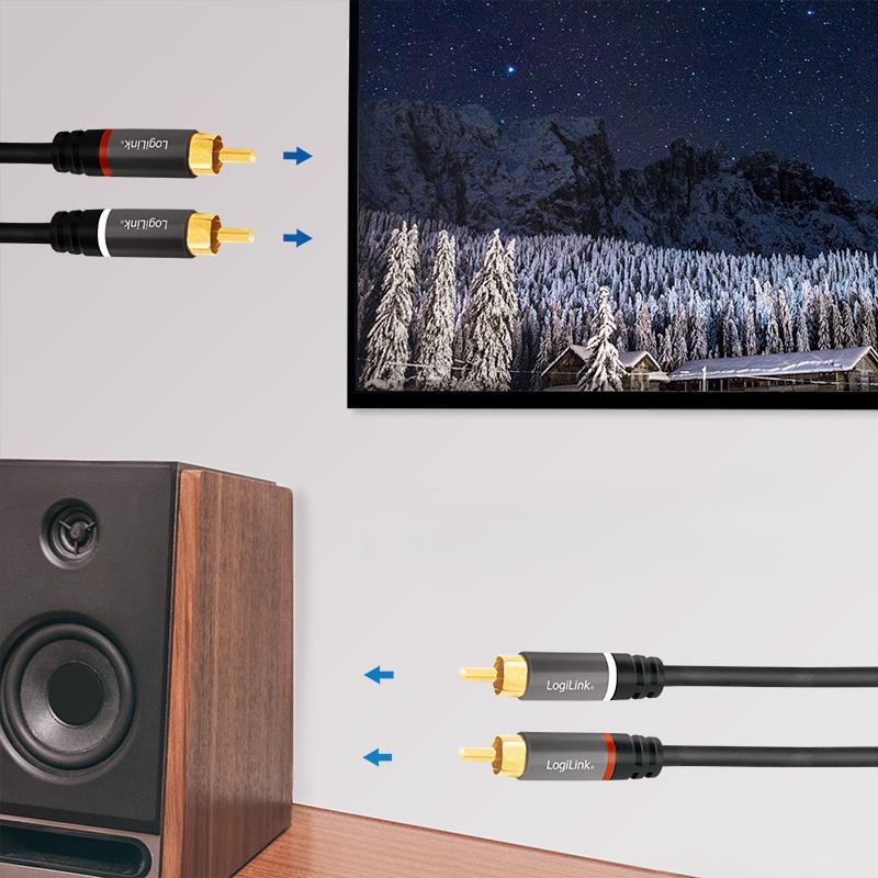 RCA audio cable 2xRCA M/M 0.5m LogiLink black metal shielded gold-plated stereo for home cinema
