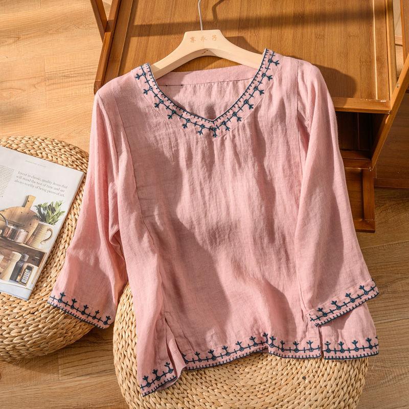 Футболка свободного кроя с рукавом семь четвертей, вышитая, хлопковая, весна-лето, в литературном ретро-стиле