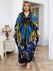 Oversize Women Kaftan Robe Outfit Blue Chic Printed Vacation Chinese Knot V-neck House Dress Bathing Suit Cover Up Q1588