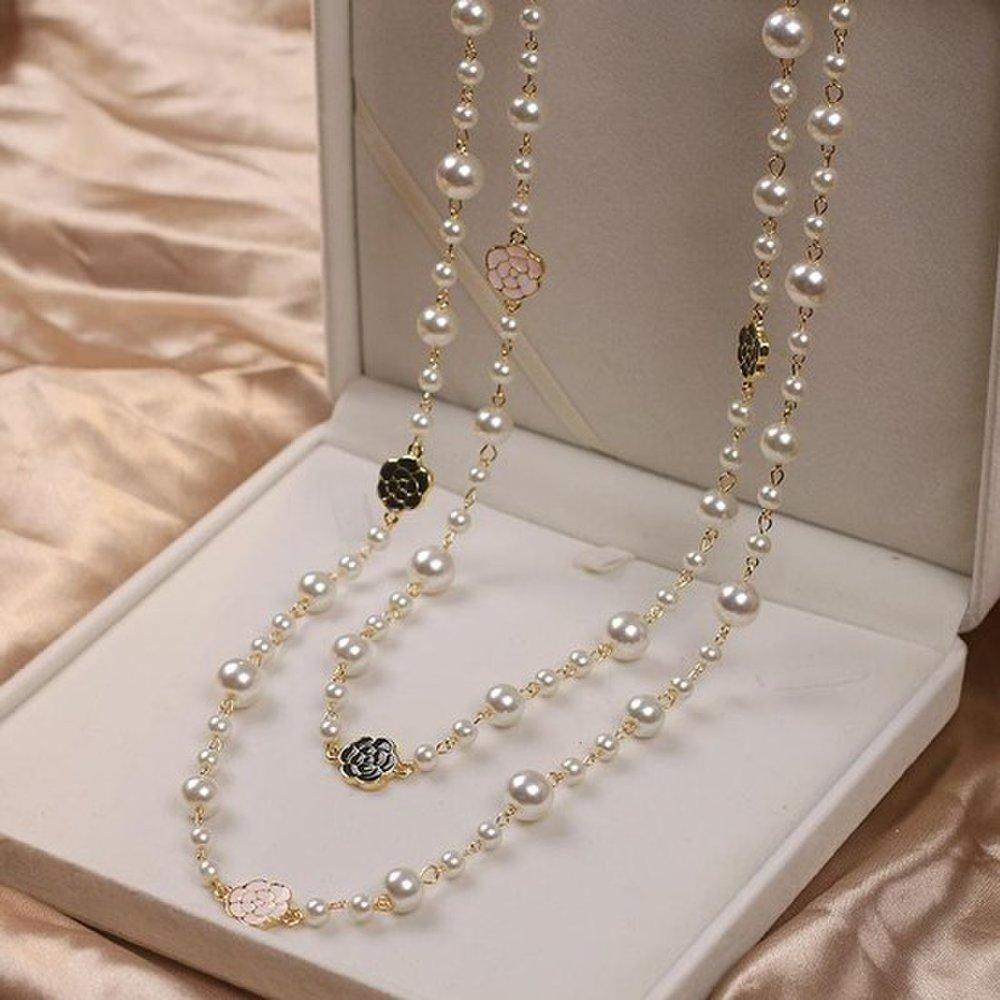 Pearl Rose Double Layered Adjustable Length Fashion Long Necklace Zirconia Necklace Fashion Necklace Pearl Necklace