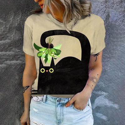 Женская футболка с коротким рукавом для отдыха, модная футболка с принтом в виде мультяшного кота, популярная летняя женская футболка с круглым вырезом 2024 года