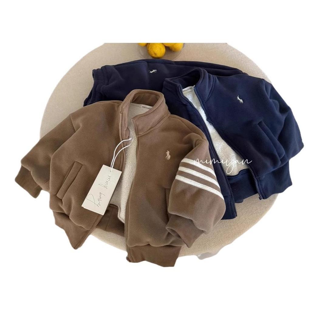 Комплект детской плюшевой куртки из флиса Ollie на осень/зиму 2024 - Теплый, модный, повседневный костюм-двойка для мальчиков и девочек