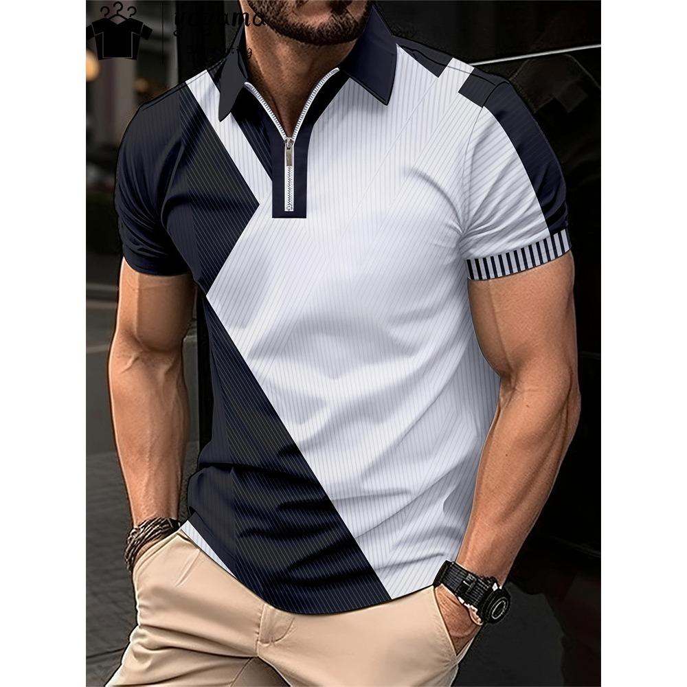 Мужская футболка-поло на молнии, модная клетчатая футболка с 3D-принтом, повседневная деловая футболка, мужское поло, уличная футболка с коротким рукавом на молнии