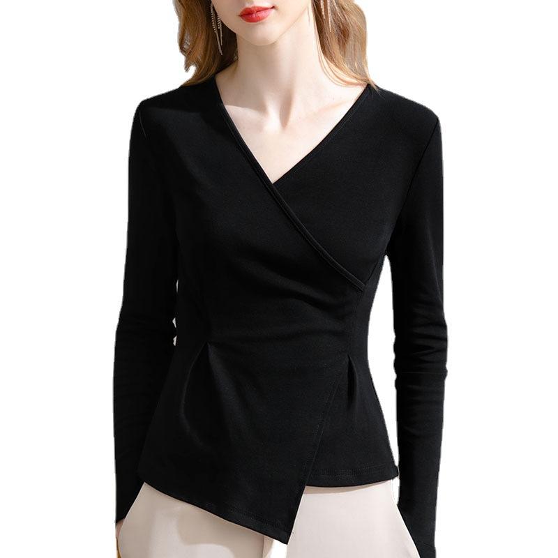 V -neck Base Shirt Women's Temperament Long -sleeved Long -sleeved T -shirt Irregular Design Sense Niche Top Elegant and Comfortable Women's T-Shirt