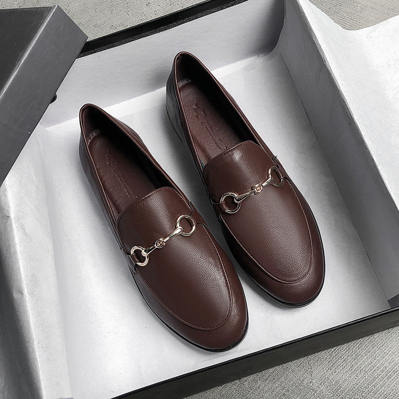The Same Horse Buckle Loafers For Women'S British Style One-Pedal Flat-Soled Small Leather Shoes For Women'S Large Size.