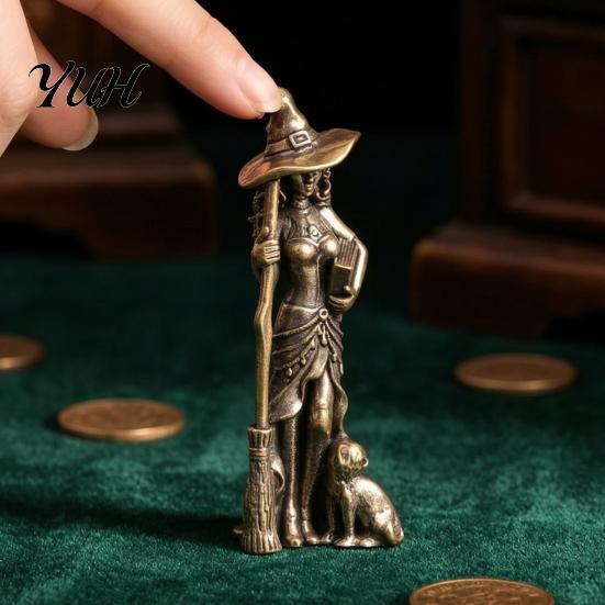 Artistic Copper Figurine Brass Witch Statue with Cat, Vintage Metal Figurine, Collectible Fantasy Gothic Tabletop Decoration Halloween Desk