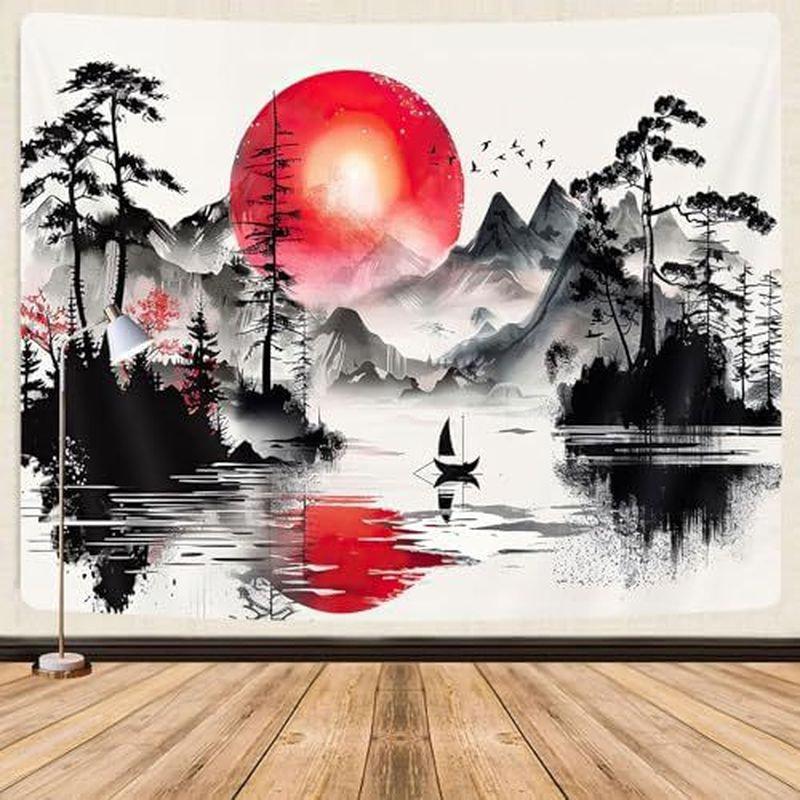 Japanese Pagoda Tapestry Wall Hanging Red Torii Gate Moon Cherry Blossom Sumi Ink Oriental Aesthetic Decor