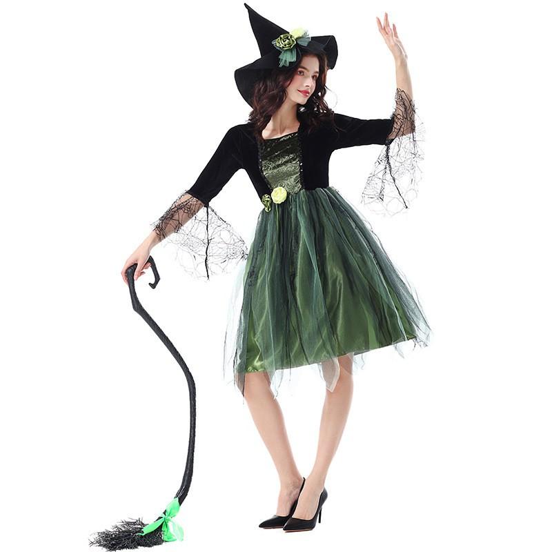 Halloween Costume Witch Green Elf Dark Spider Tulle Dress Party Stage Performance