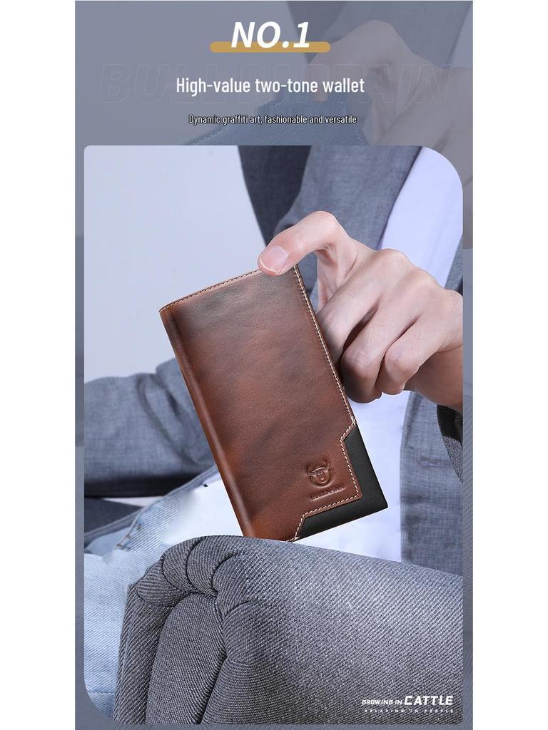 Cow Captain Мужской ретро длинный кошелек-бифолд из натуральной кожи - Масло-воск, Большая вместимость, Отделение для монет