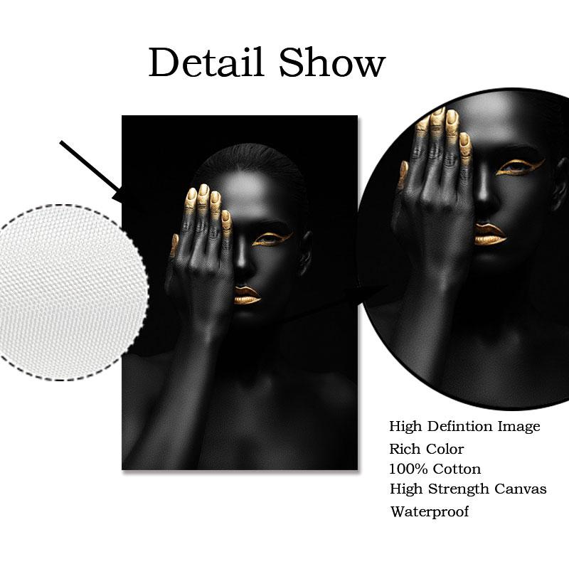 Золотая и черная современная модель макияжа, африканская женщина, холст, настенные художественные картины, модная девушка, принты плакатов для гостиной, домашний декор