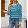 INDFS Женская мода Повседневный полосатый принт Весна Осень Пуловеры с длинным рукавом и круглым вырезом