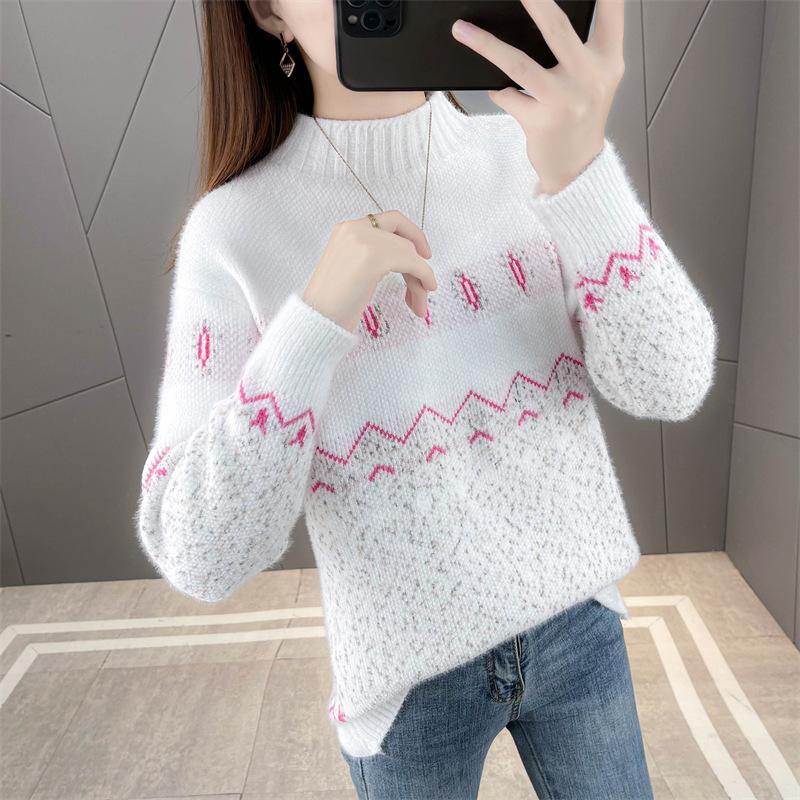 Autumn and Winter New Imitation Mink Velvet Color Matching Chenille Semi-turtleneck Sweater Women's Knitted Sweater with Loose Top
