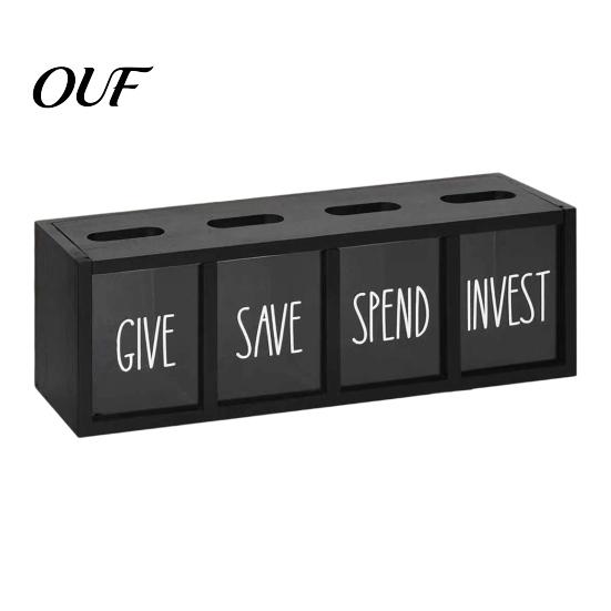 Wall Mounted Money Box Wooden Piggy Bank with 4 Compartments, Transparent Acrylic Box, Teaching Financial Literacy Skills Mounting Coin Container for