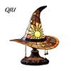 Fantasy Glass Lampshade Stained Style Witch Hat Lamp, USB Powered Resin Wizard Night Light Dorm Room Desk Lamp with Sun Star, Gothic Halloween