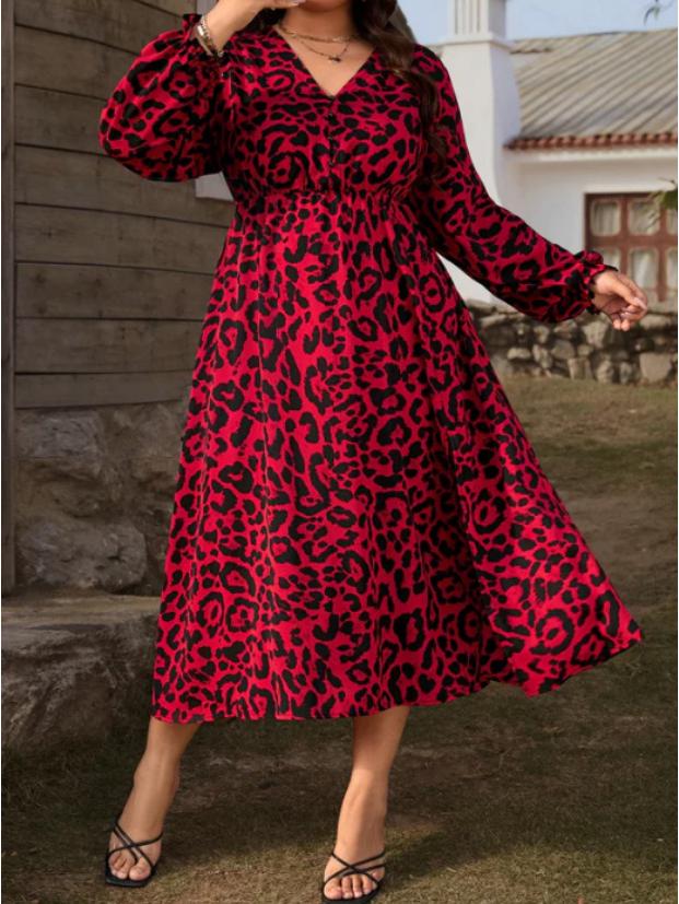 Элегантное платье большого размера с леопардовым принтом и V-образным вырезом для весны и осени