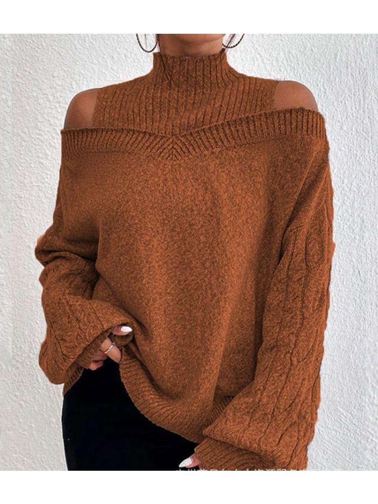 Осенне-зимний свитер с открытыми плечами и полувысоким воротником для женщин, свободный оверсайз трикотаж, роскошный топ облегающего кроя, универсальный