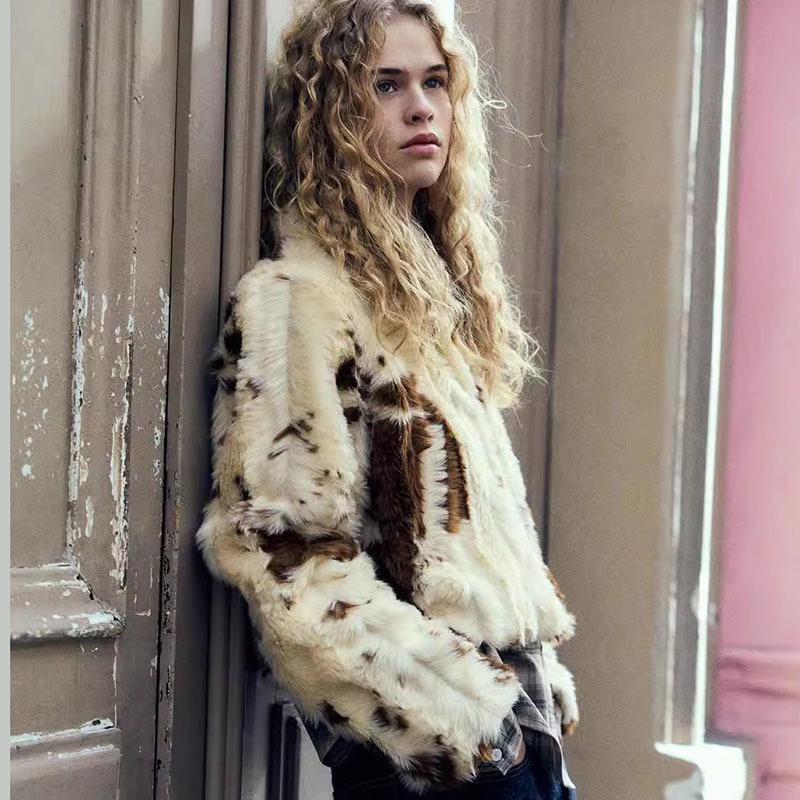 European and American style autumn and winter lapel casual top women's pattern printing artificial fur effect jacket short top