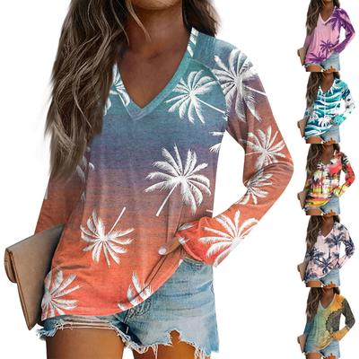 Женская модная футболка с V-образным вырезом и длинным рукавом, повседневный топ с принтом в виде цветка