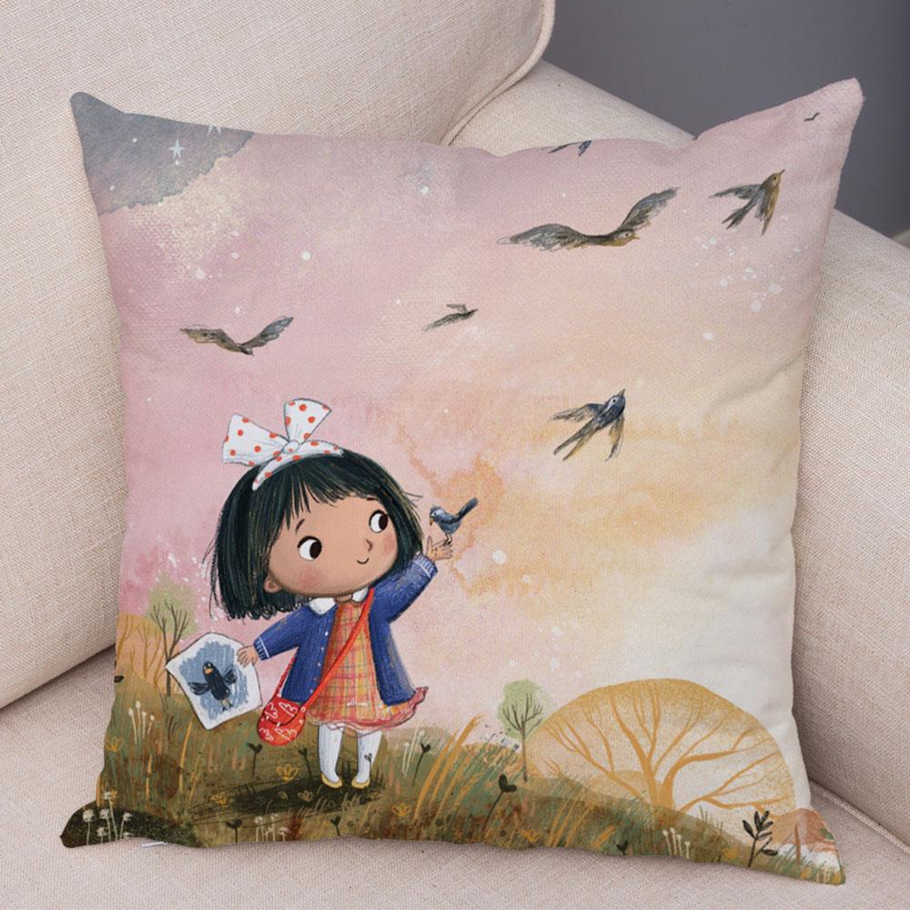 Super Soft Plush Pillow Case for Sofa Home Watercolor Cartoon Girl Cushion Cover Decor Fairy Tale World Lovely Child Pillowcase