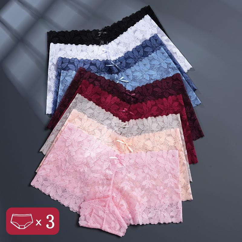 FINETOO 3Pcs Women's Sexy Lace Floral Perspective Boyshorts Solid Color Hollow Out Boxer Panties Female Breathable Transparent Lingerie
