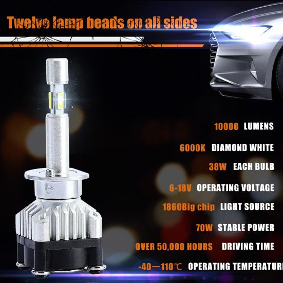 2Pcs LED Bulbs Super Bright 6000K 10000LM IP68 Waterproof H1/H4/H7 Headlights Conversion
