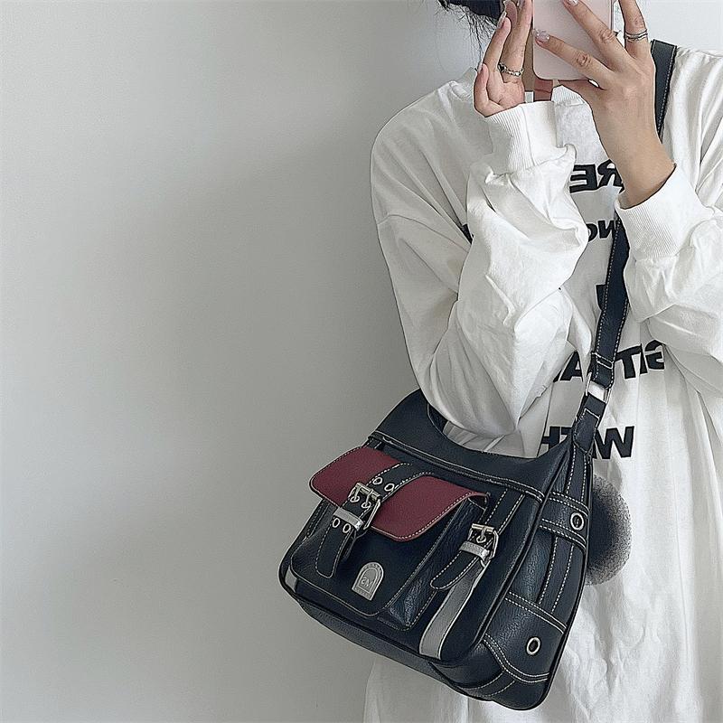 Yogodlns Retro Patchwork Shoulder Bag For Women Soft Leather Crossbody Bag Cool Girl Messenger Bag Shopping Purse Handbag