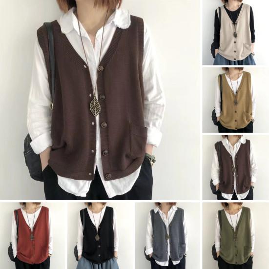 Женский вязаный жилет с V-образным вырезом без рукавов однобортный теплый жилет однотонный свободный крой