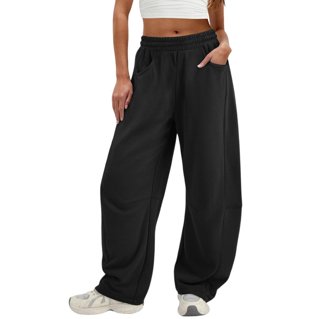 Women's Fashionable Solid Color Elastic Waist Pocket Casual Sweatpants Pants