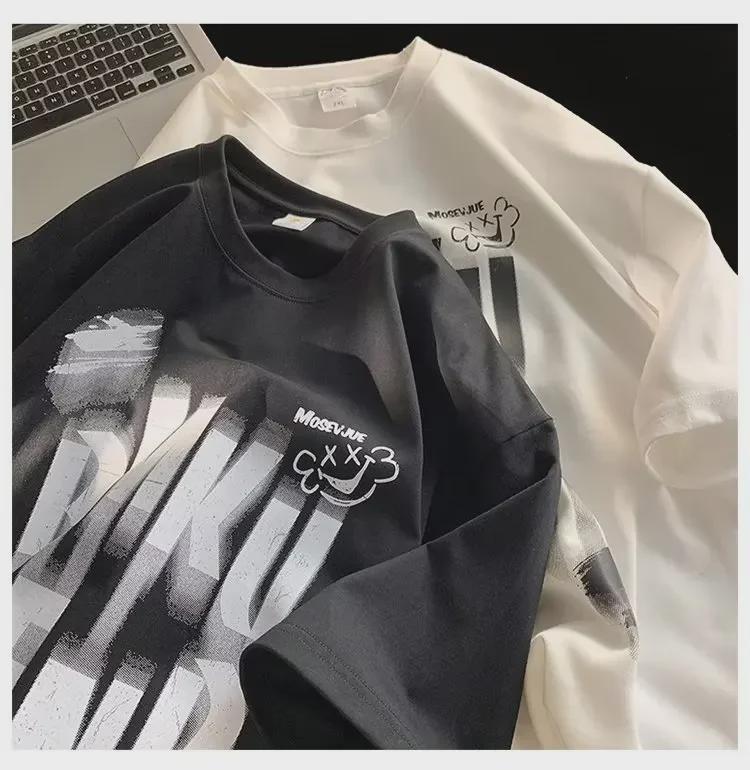 Мужская винтажная ретро-футболка с коротким рукавом: Свободный, модный, универсальный, тяжелый, с размытым дизайном букв для лета