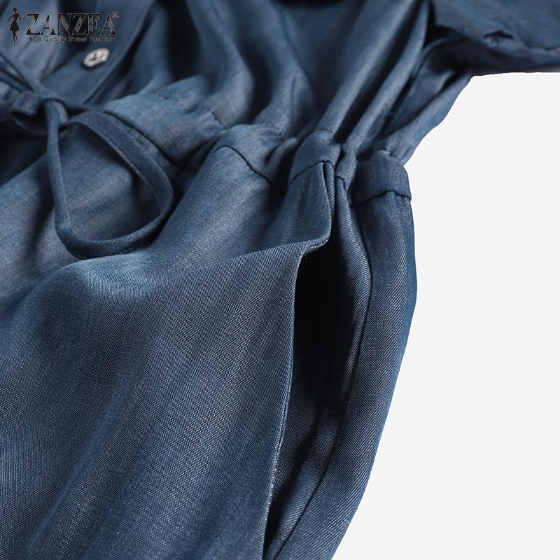 ZANZEA Женское повседневное синее джинсовое платье миди в стиле ретро с коротким рукавом и v-образным вырезом