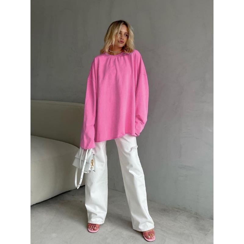 Women S Pink Long Sleeve T Shirt Loose Fit Solid Color Casual Top