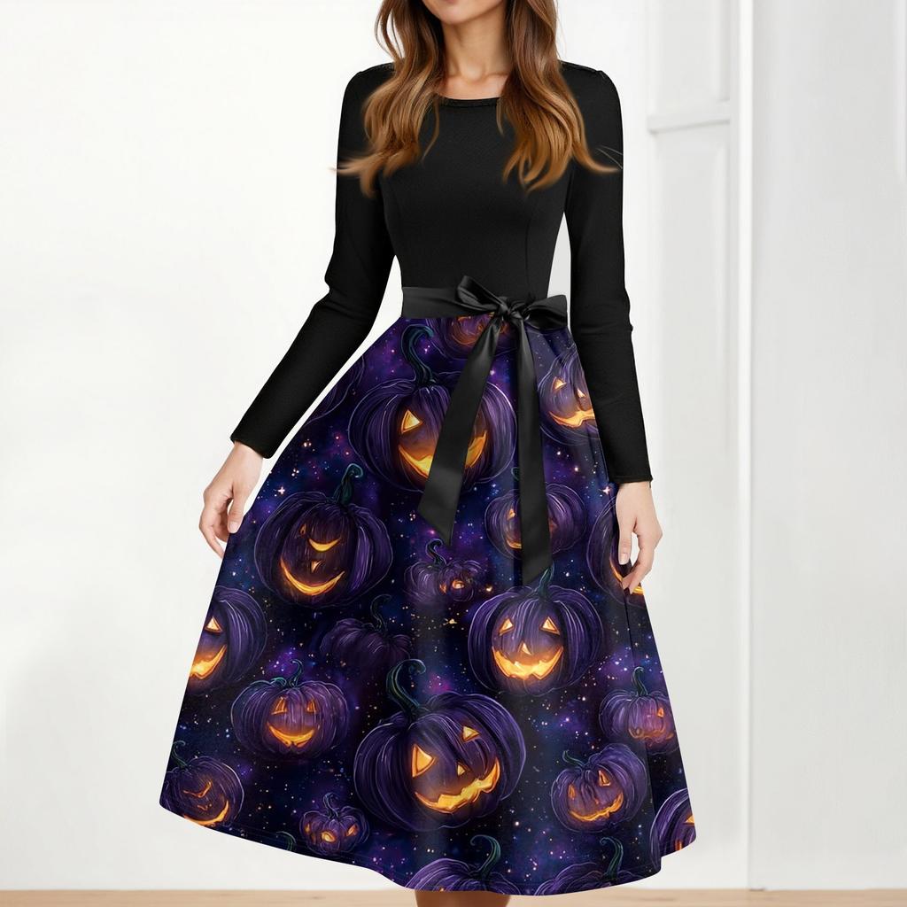 Women's Casual Fashion Halloween Printed Round Neck Vintage Dress