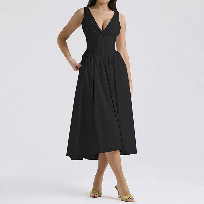 YYFS Women's Fashion Summer Spring Solid Color Print Sleeveless V-Neck High Waist Casual Dresses