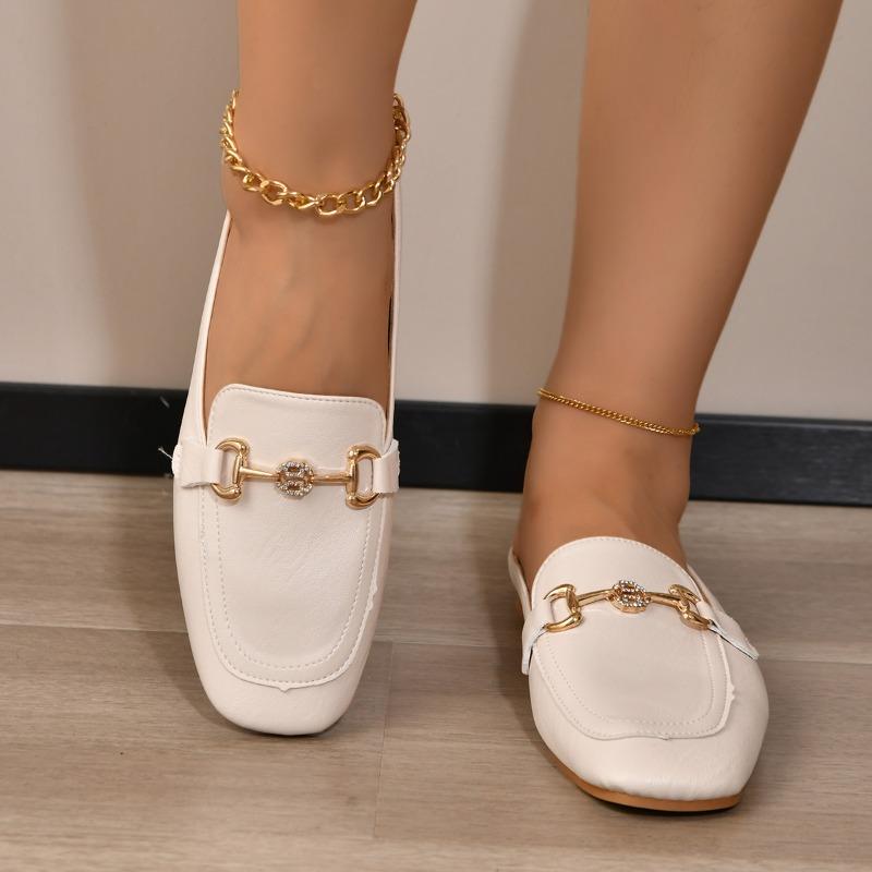 Тапочки Baotou Half Slippers Женская обувь в британском стиле Модные металлические пряжки Украшенные средним каблуком Повседневные шлепанцы Весна Лето Ленивые тапочки