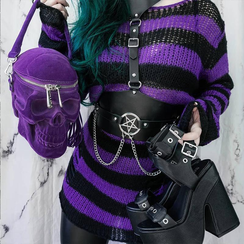 Women Gothic Punk Plus Size Long Sweaters Striped Character Cool Hollow Out Hole Broken Jumpers Pullover Knit Sweater