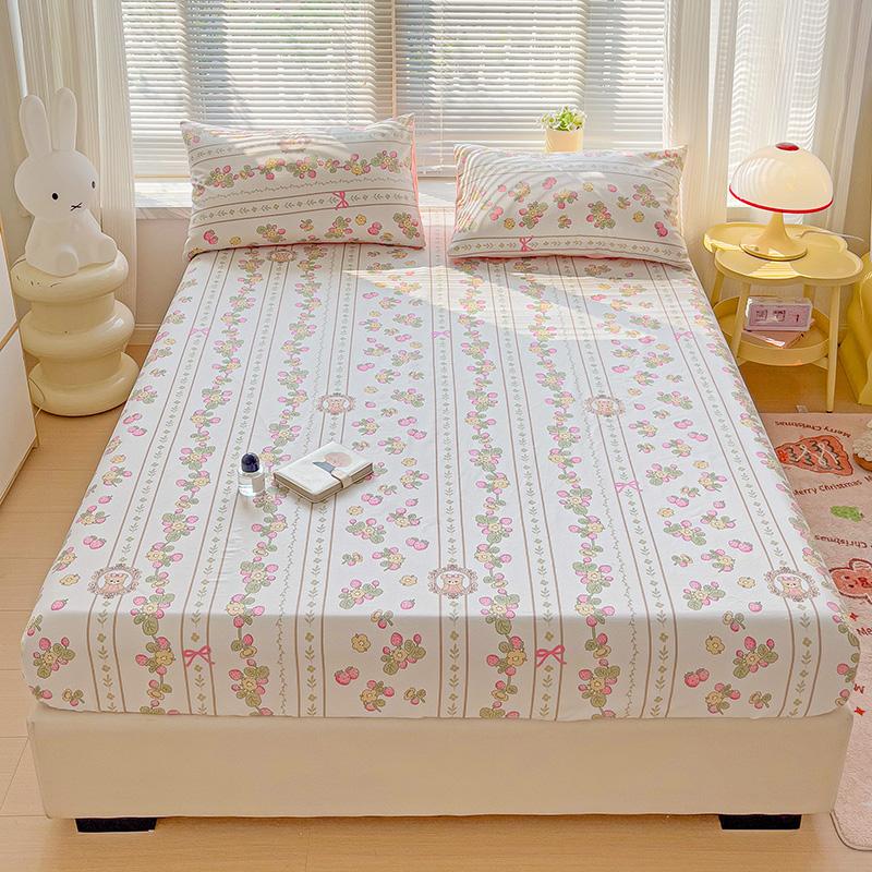 White Flower Print 100% Cotton Fitted Sheet Set Deep Pocket Elastic Mattress Cover with Pillowcases Soft Breathable Bedding Set