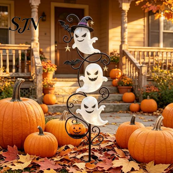 Decorative Iron Signs for Garden Halloween Ghost Stake, Cute Ghosts 2D Flat Metal Yard Theme Holiday Outdoor Decor Sign, Decoration Lawn Pathway Patio