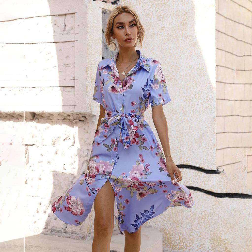 Women's Summer Ethnic Printed Short Sleeve High Waist A Line Lace Up Dress