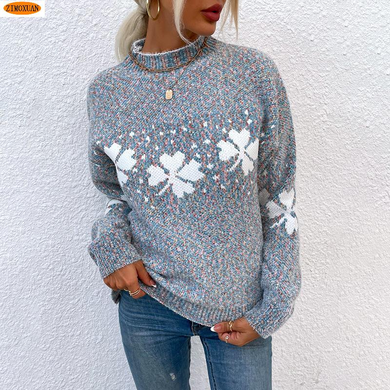 ZIMOXUAN Women's Snowflake Knit Sweater with Half Turtleneck for Autumn and Winter